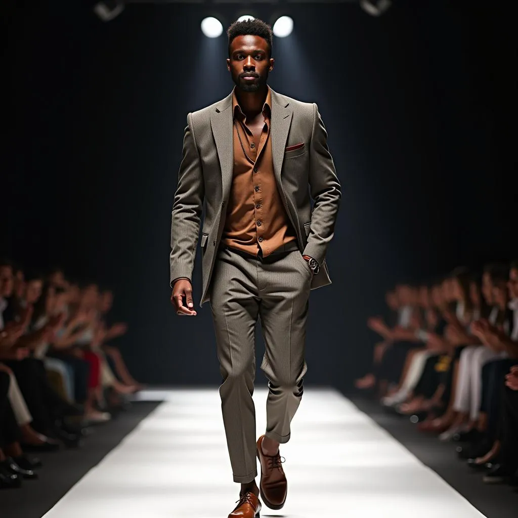 African American male model confidently walks the runway during Fashion Week.