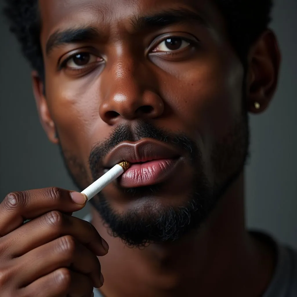 African American male with lip discoloration smoking cigarette