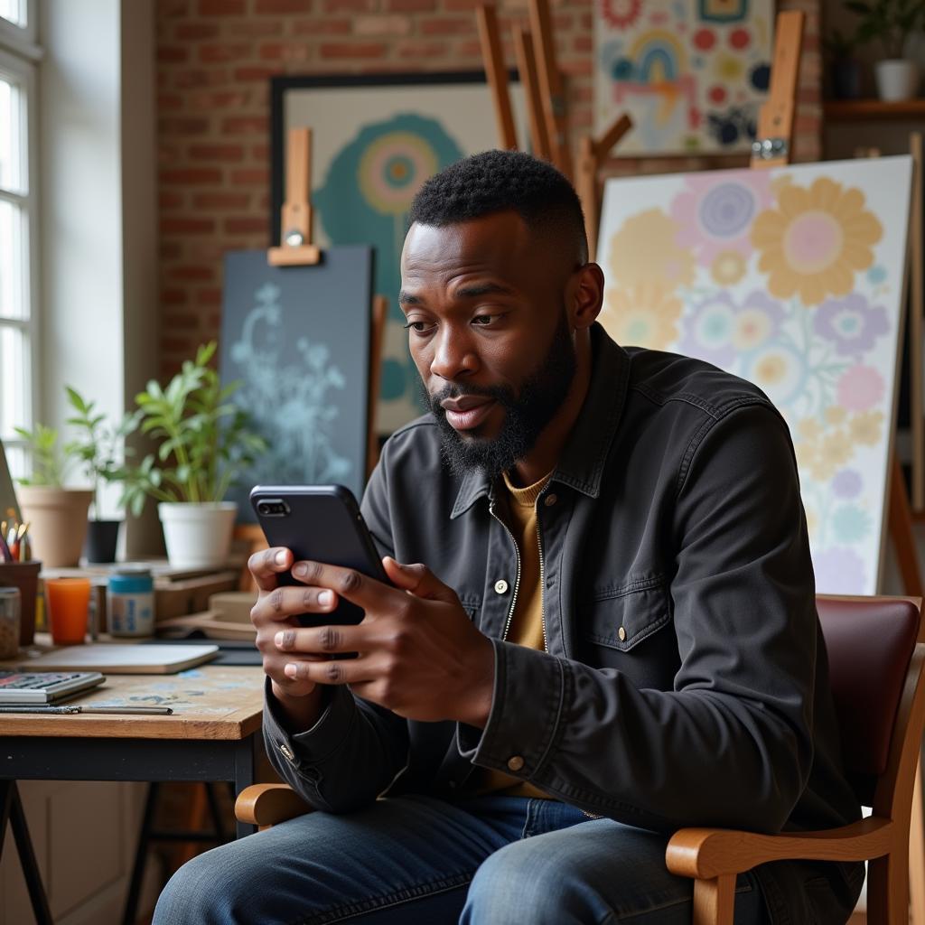 African American man using his phone for creative expression