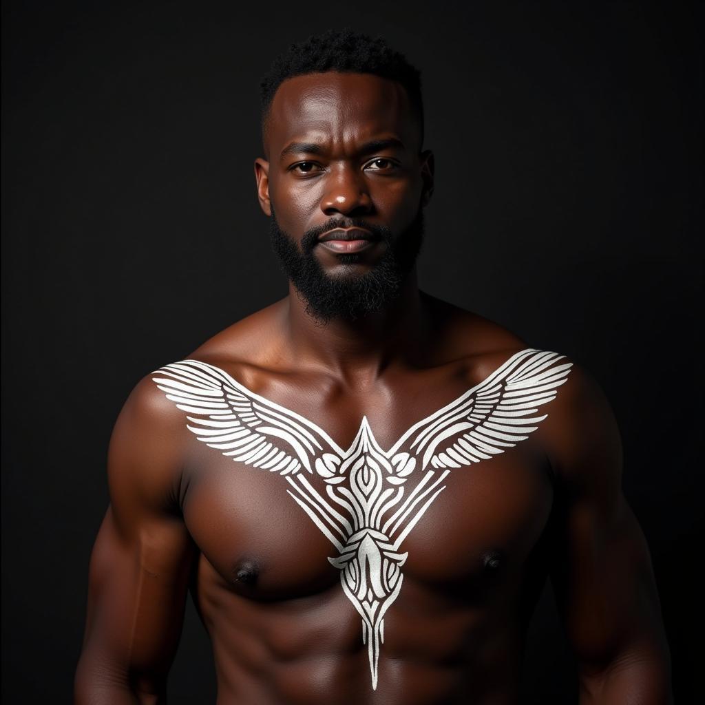 African American man with geometric white ink tattoo on chest