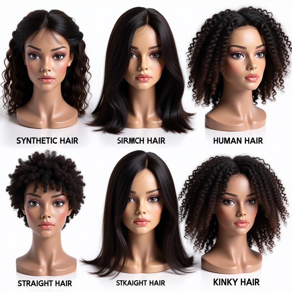 Different hair types on mannequin heads