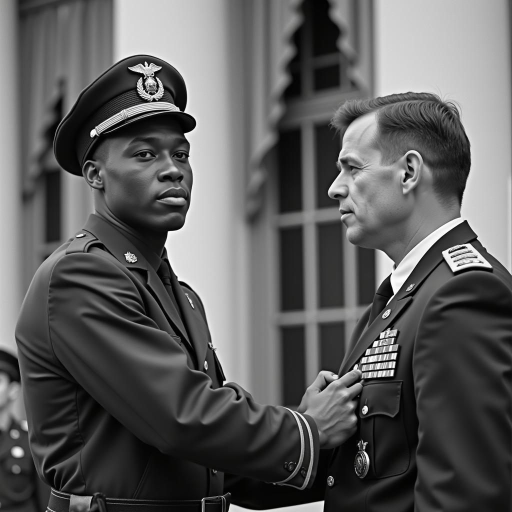 Portrait of an African American soldier receiving the Medal of Honor