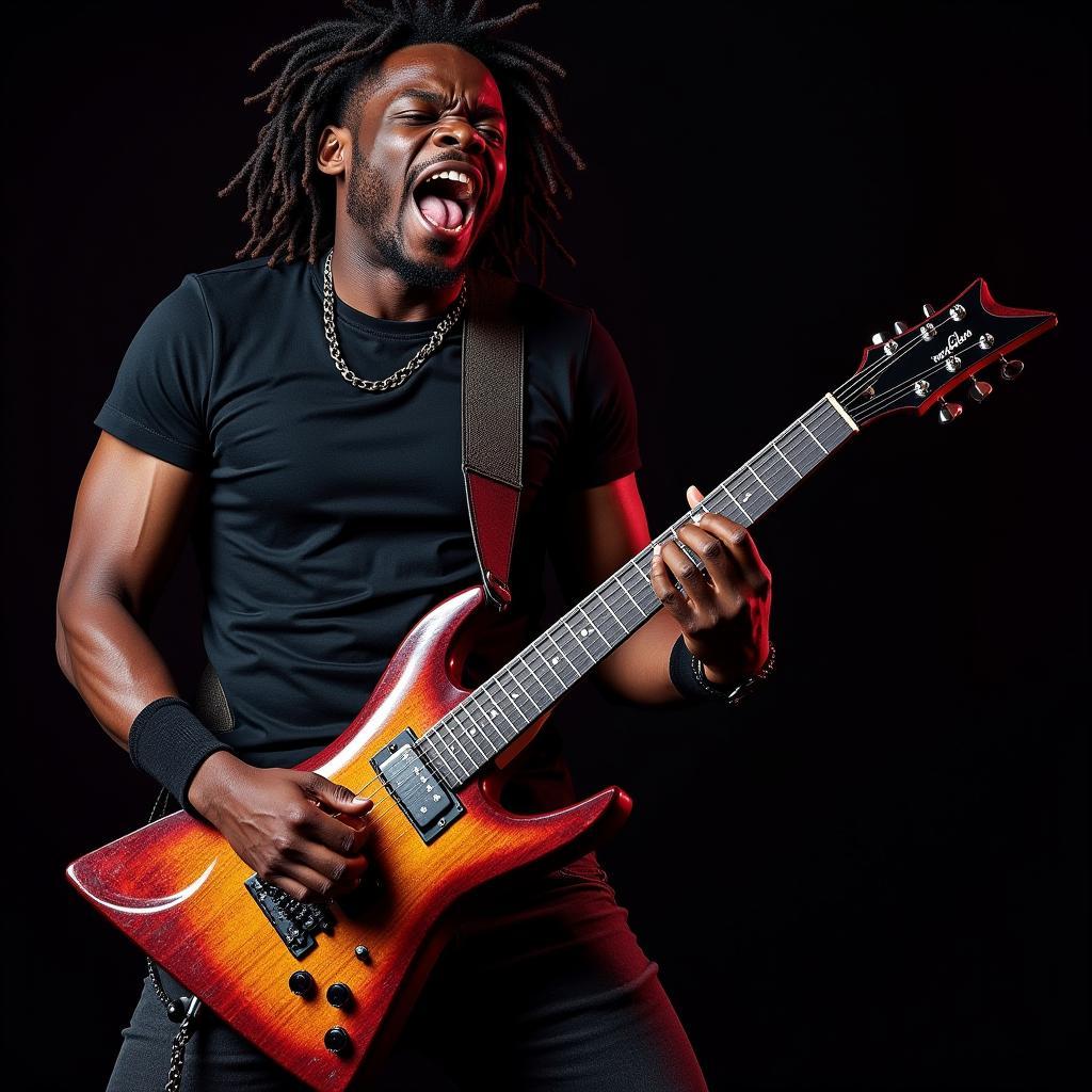 African American Metal Guitarist Shredding a Solo