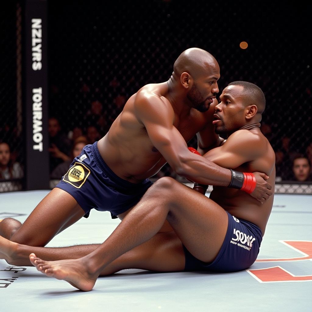 Kevin Randleman, a pioneering African American MMA fighter, showcasing his wrestling skills in the octagon.