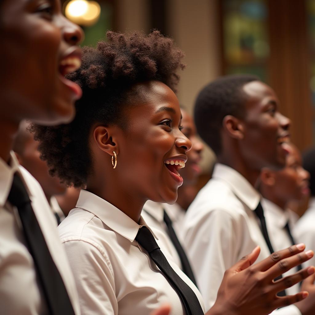 Smiling African American youth singing in a choir