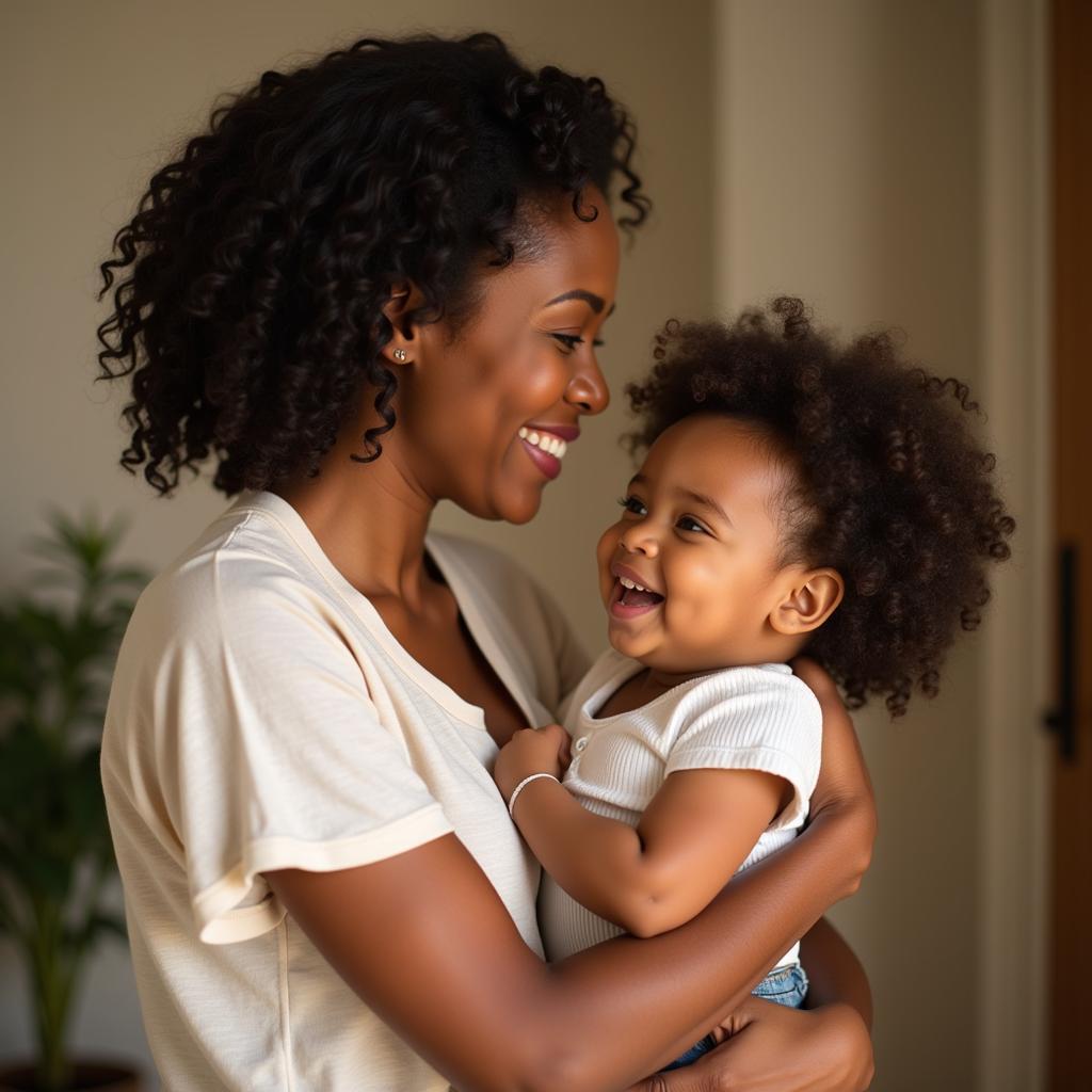 Smiling African American mother cradling her baby girl