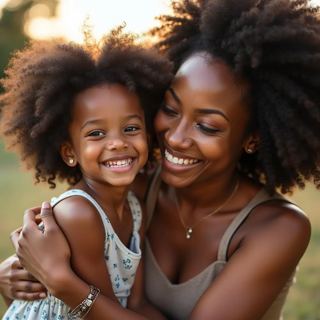 Smiling African American mother and daughter