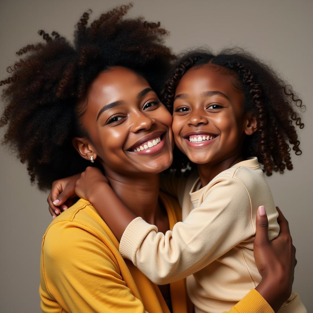 Smiling African American mother and daughter share a warm embrace