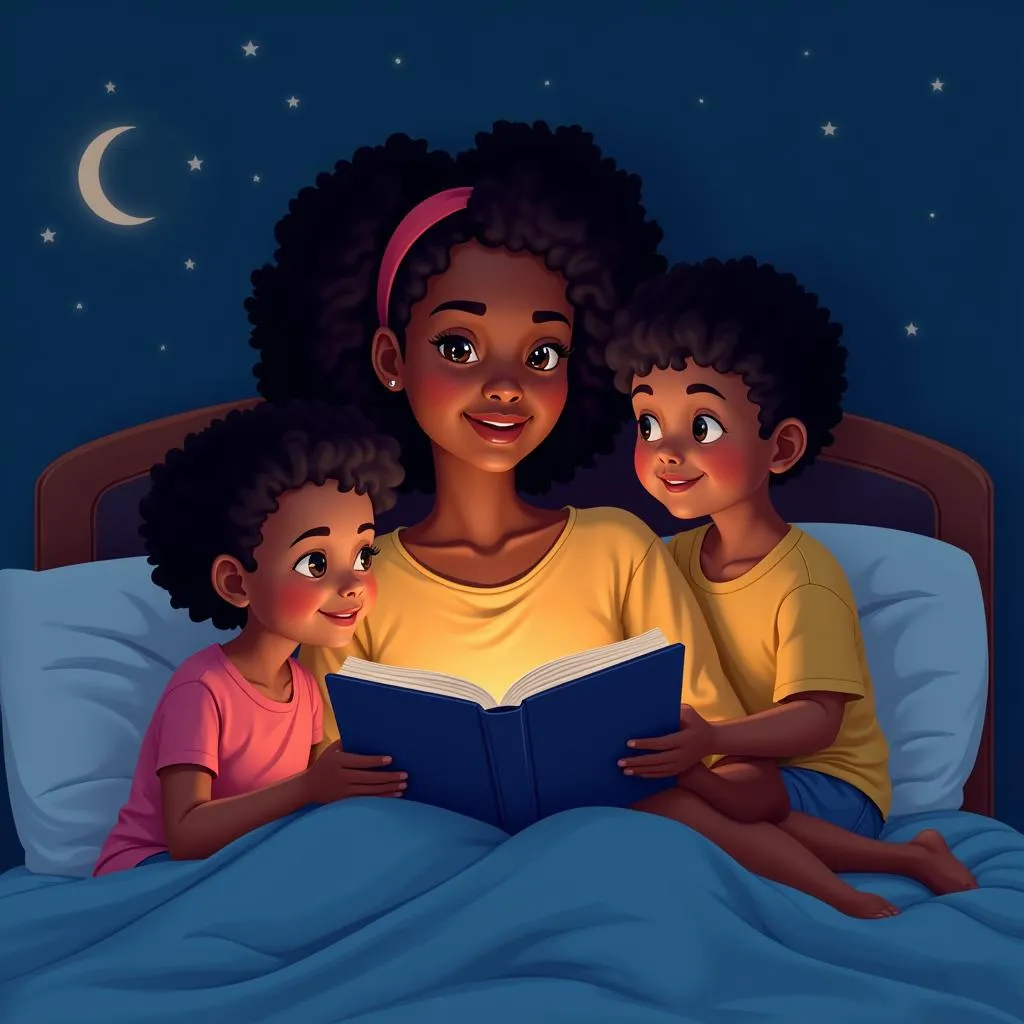 African American Mother Reading a Bedtime Story to Her Children