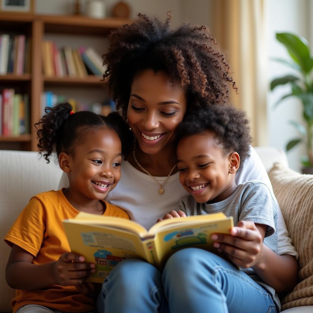 Engrossed African American mother reads a book to her two young children