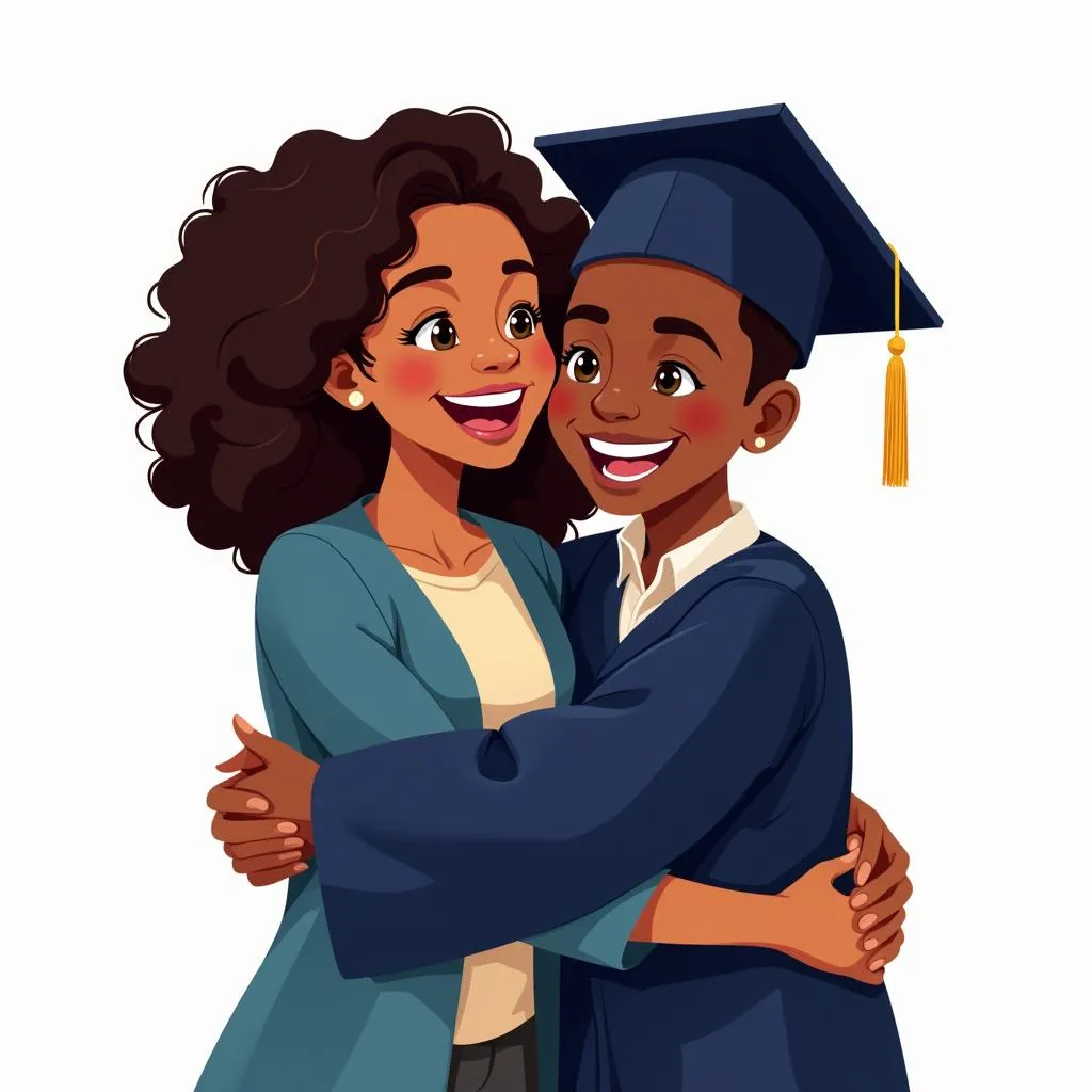 African American Mother and Son Celebrating Graduation with Pride