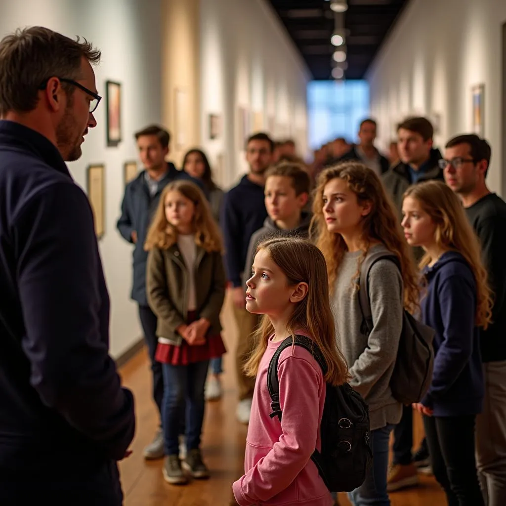 A group of visitors listening attentively to a museum guide.