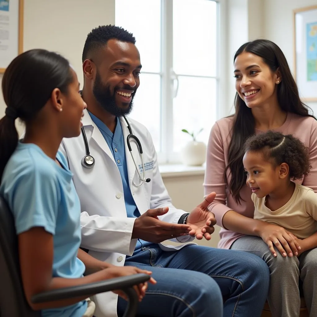 African American pediatrician engages in conversation with a family, fostering trust and open communication.