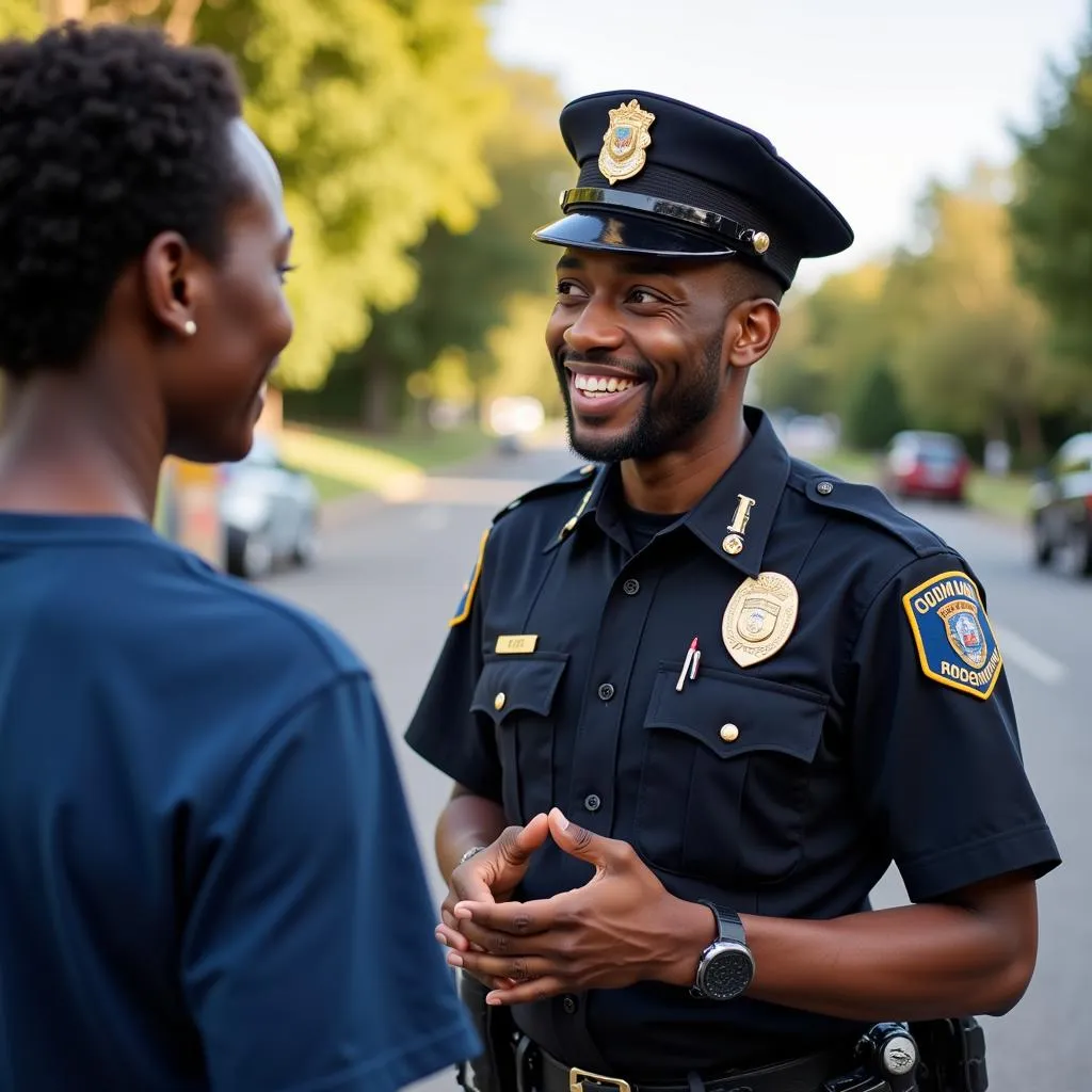 African American police officer interacting with a community member