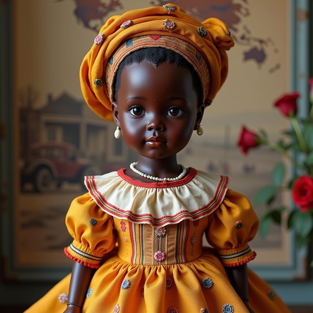 Antique African American Porcelain Doll in Traditional Dress