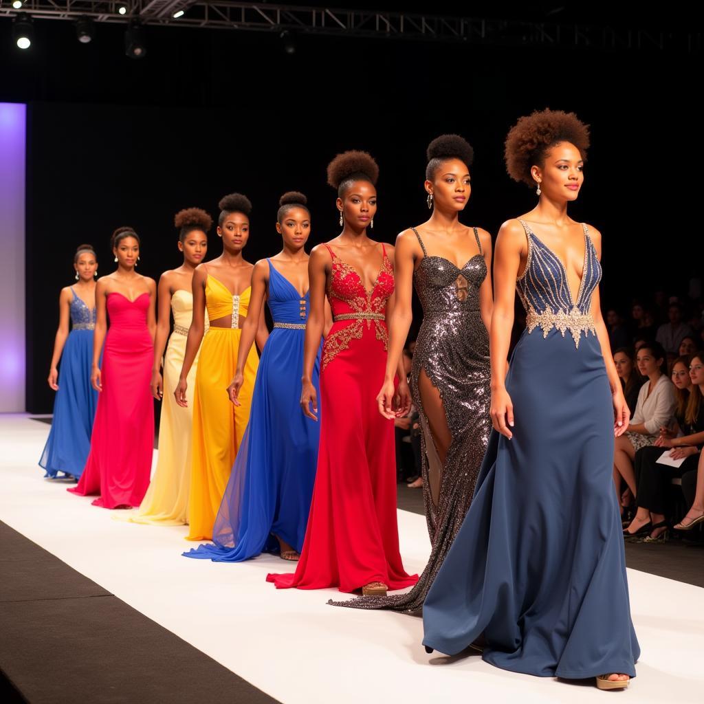 Models showcasing prom dresses at a fashion show