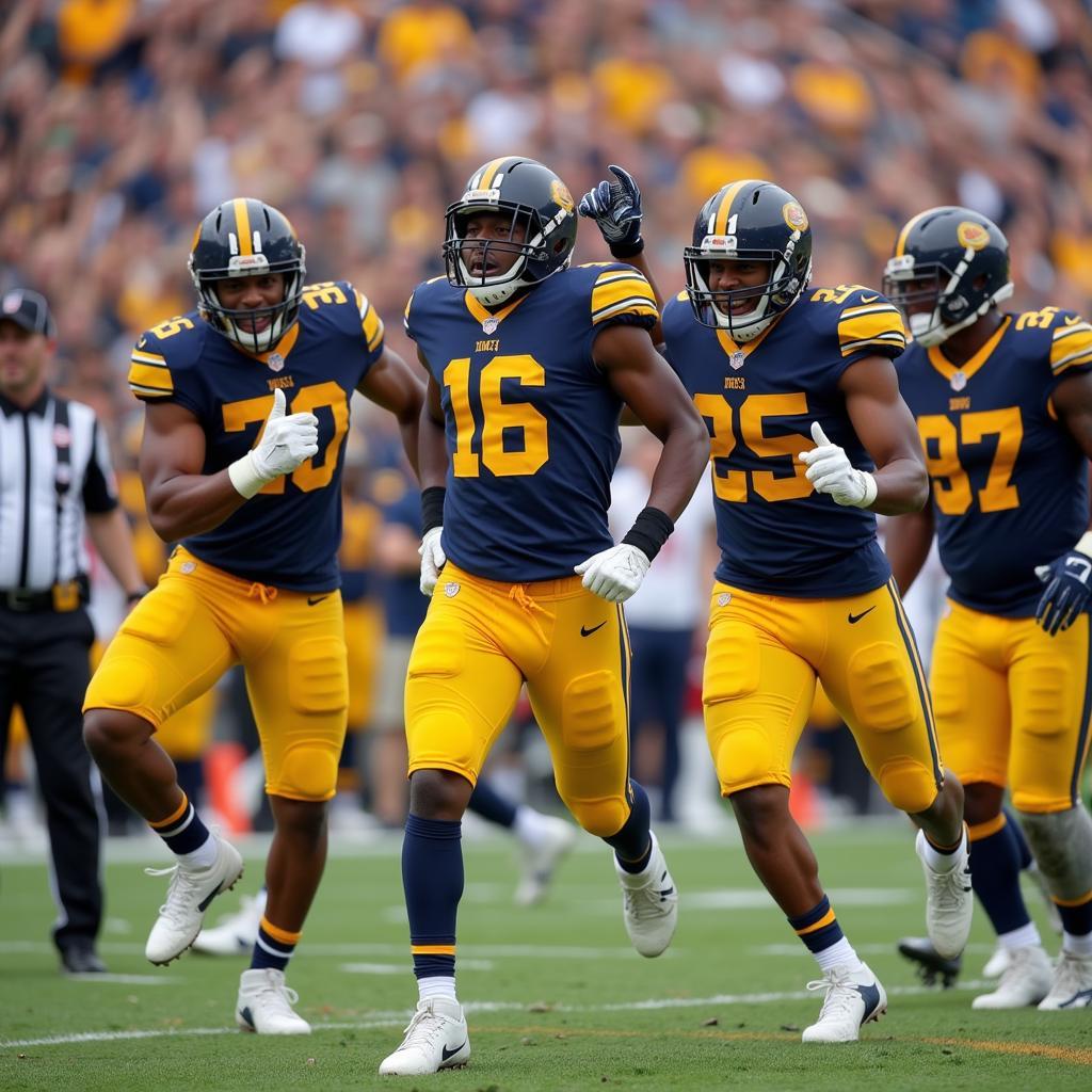 African American Punter Celebrates with Teammates After a Touchdown