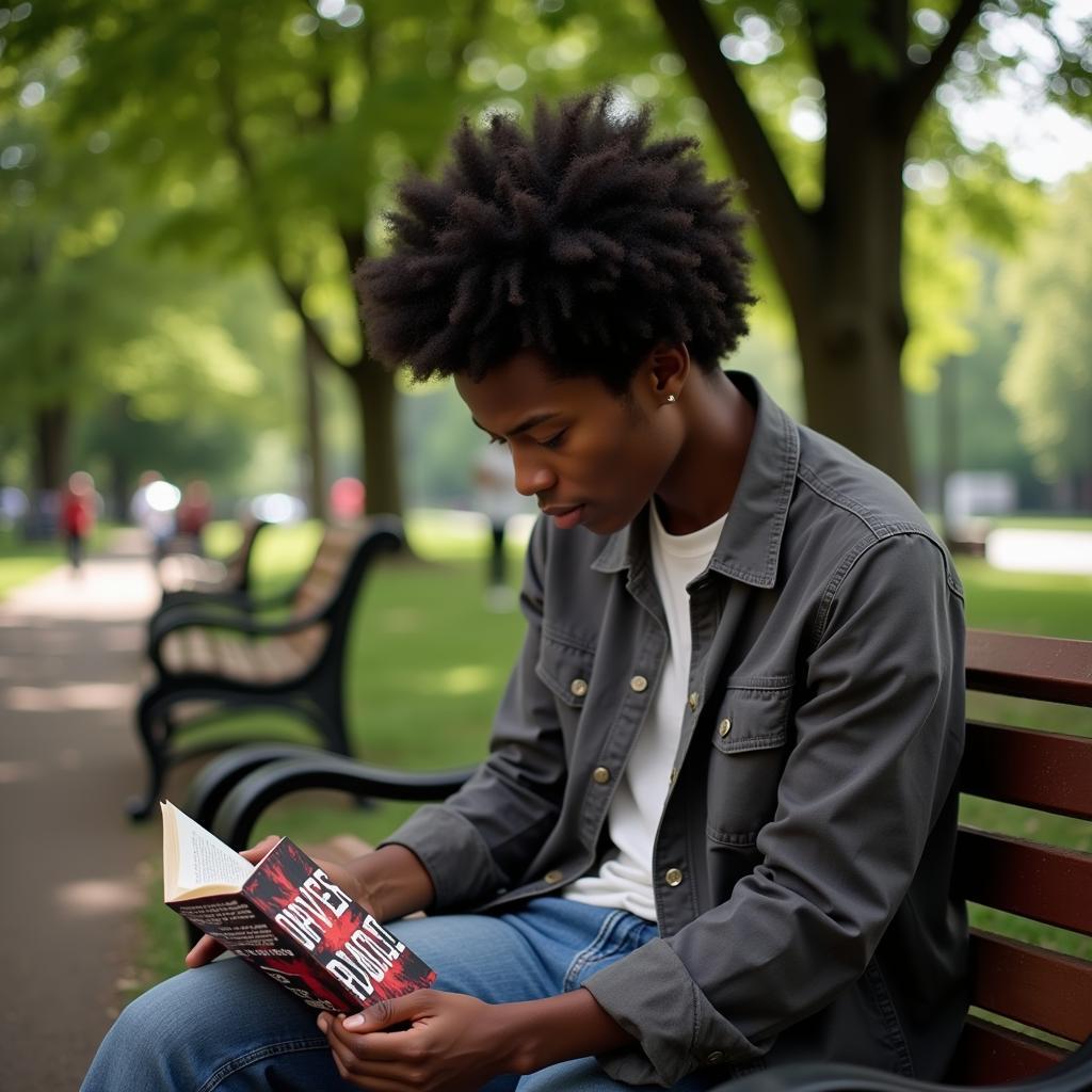 A young African American person engrossed in an urban fiction book