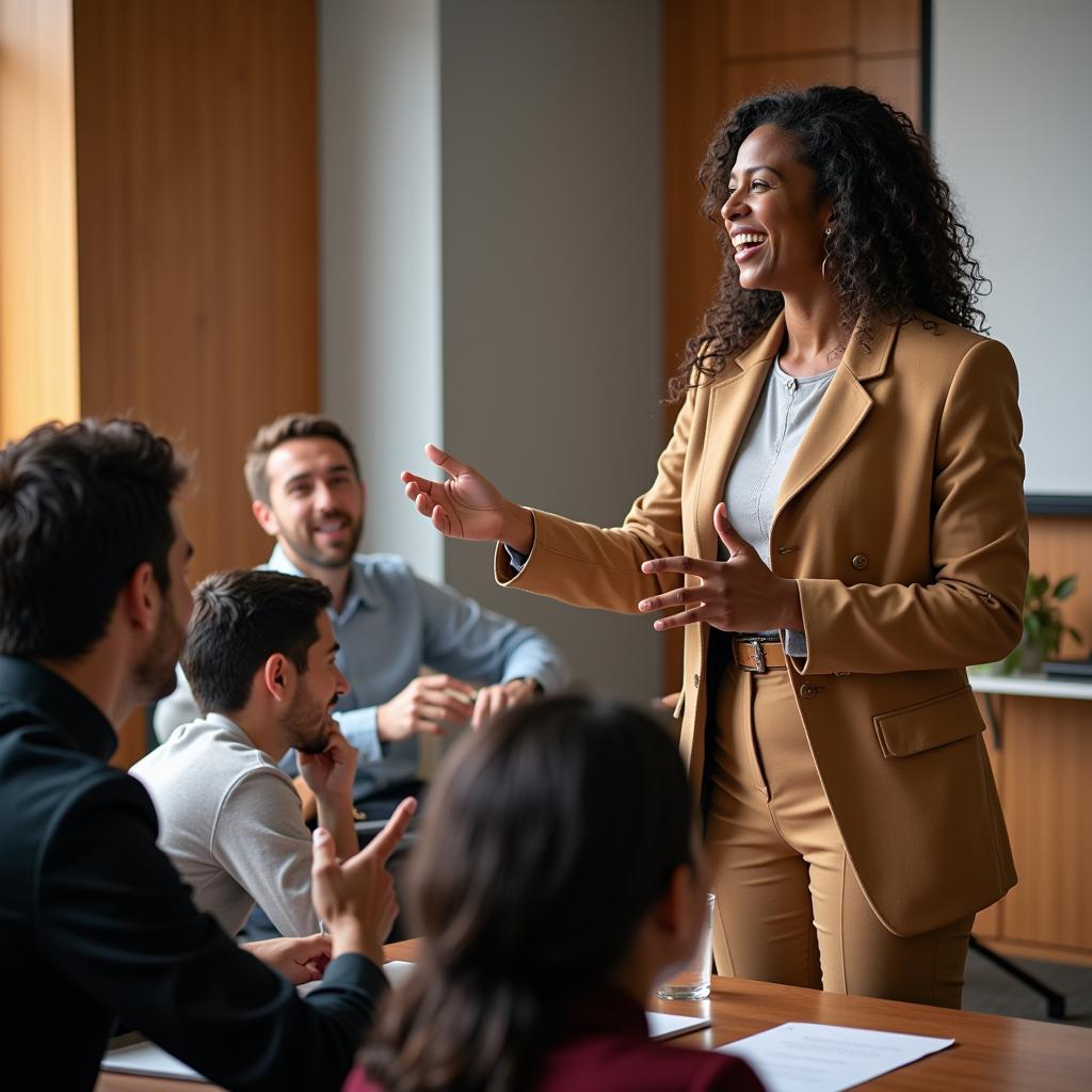 African American sales speaker actively engaging with the audience during a seminar