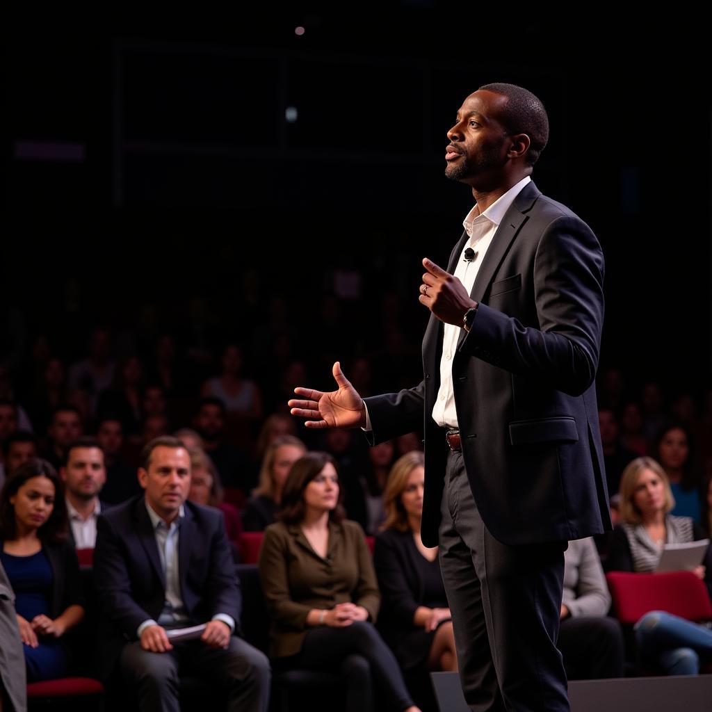 African American sales speaker delivering a presentation on stage