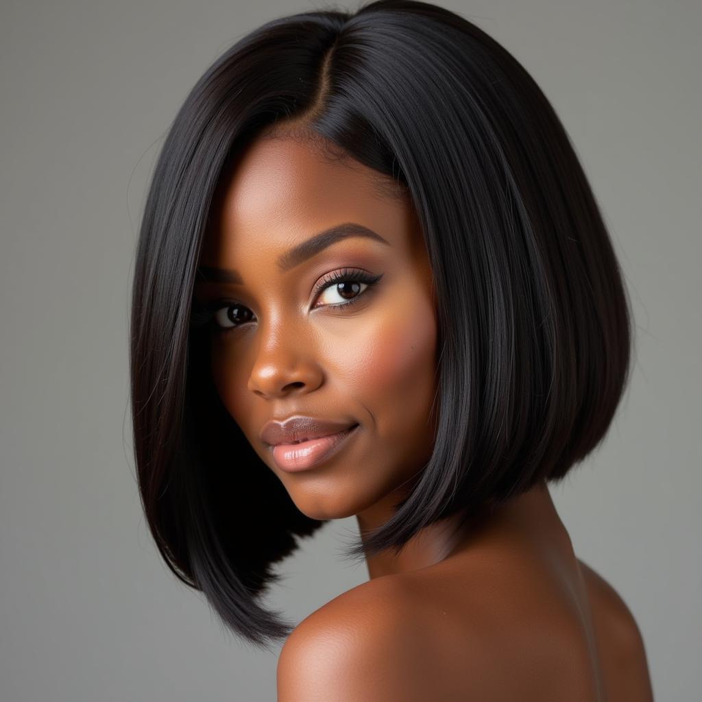 African American Woman with a Sleek Bob Wig