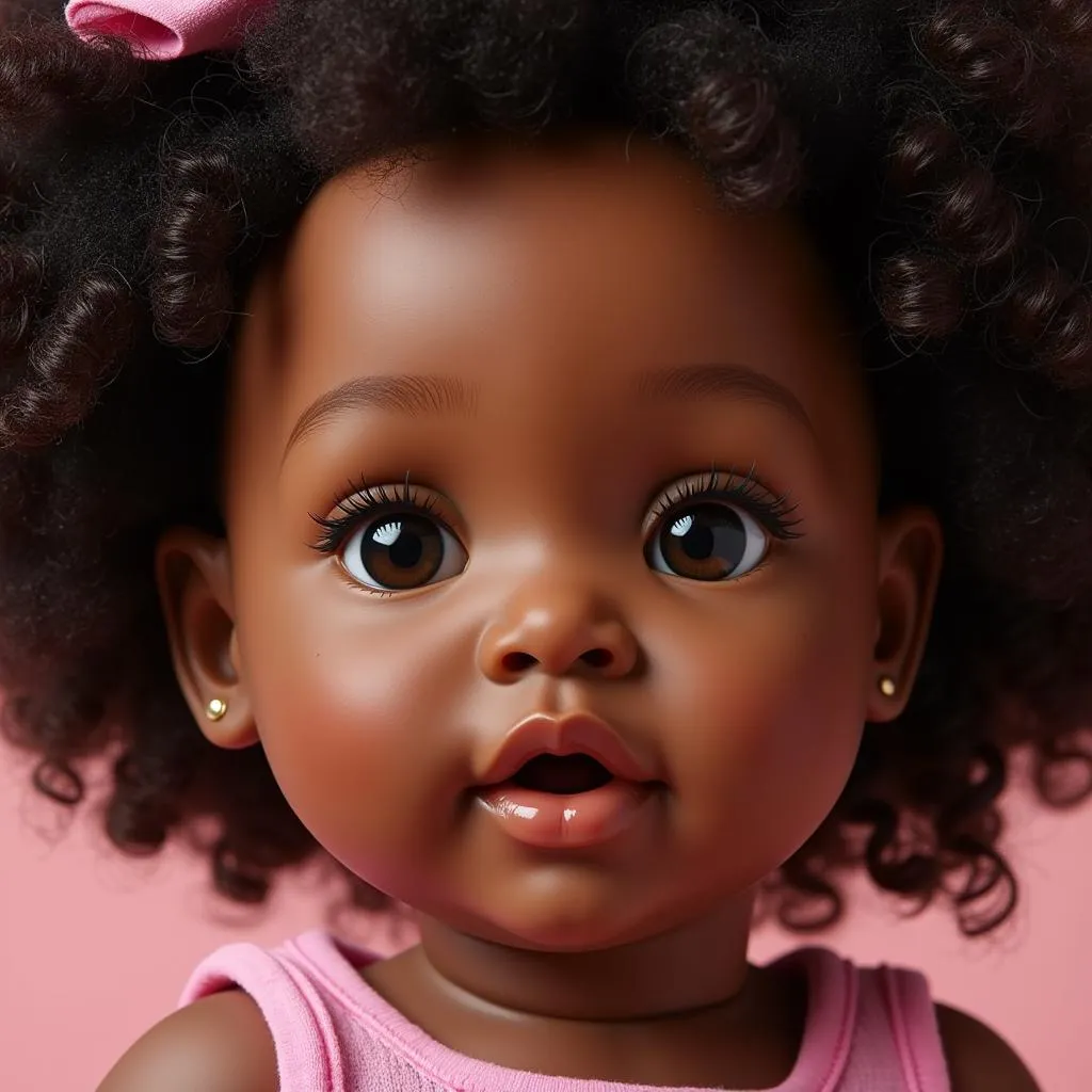 A close-up of an African American silicone baby doll with realistic features.