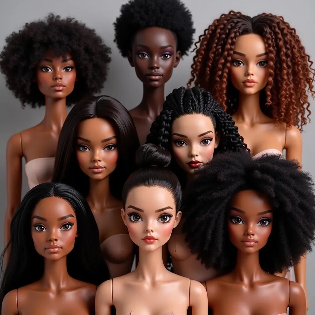 Silicone dolls with a range of skin tones and hairstyles, representing the diversity of African American beauty.