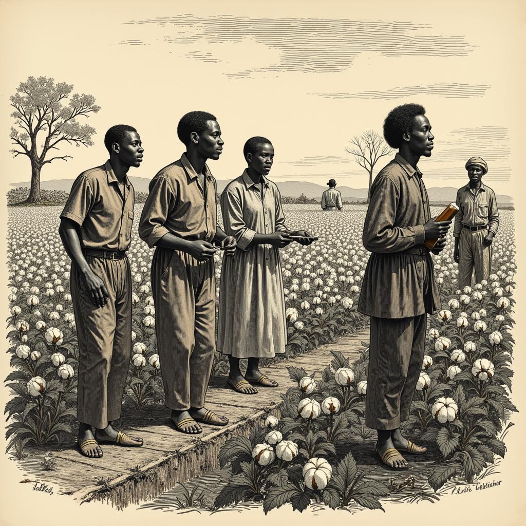 Enslaved Africans singing spirituals in a cotton field