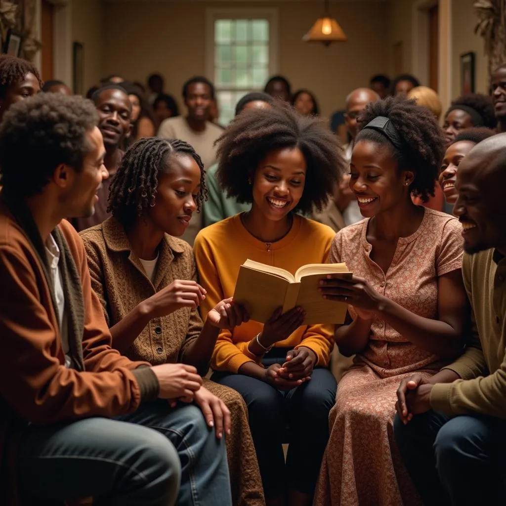 A group of people engaged in lively storytelling.