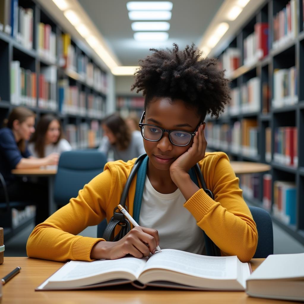 African American student engrossed in a book at a library desk