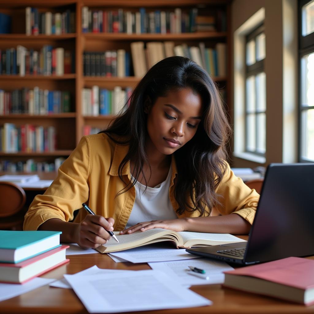  An African American student immersed in research at a library in Accra, Ghana