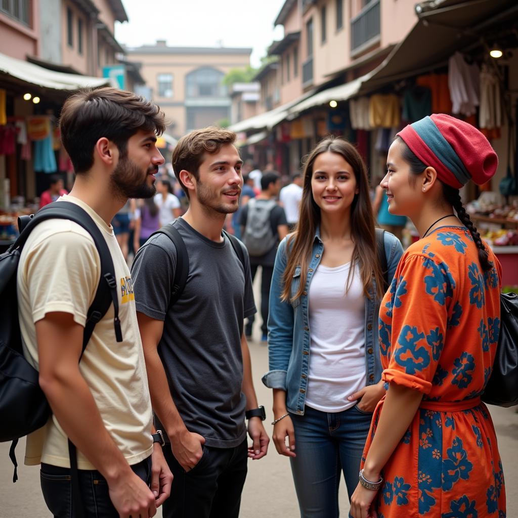 African American students engaging with locals in a vibrant African village