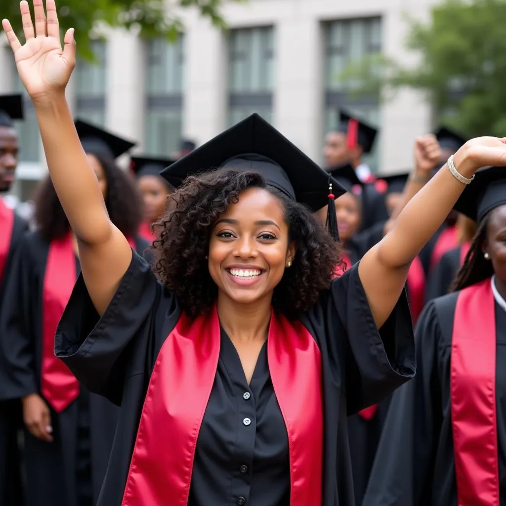 African American students celebrating college graduation