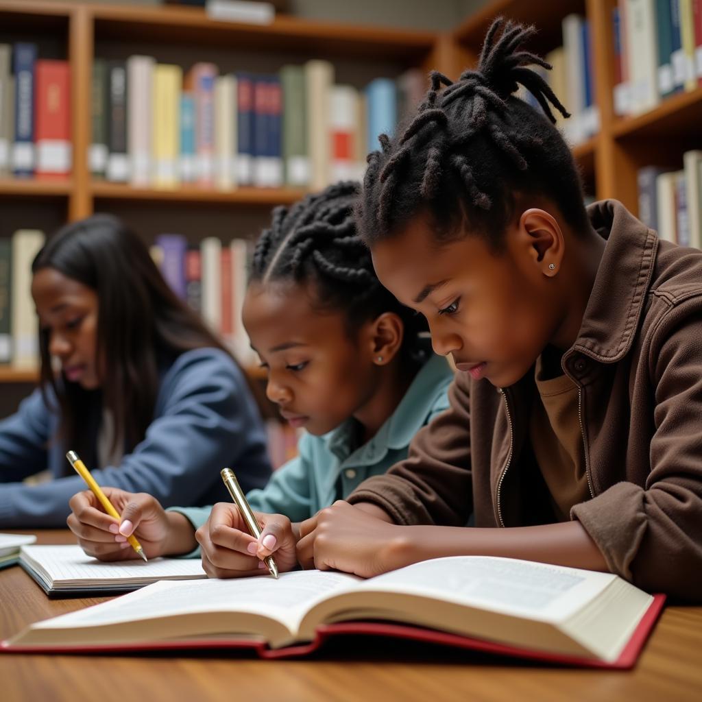 African American Students Studying in Library