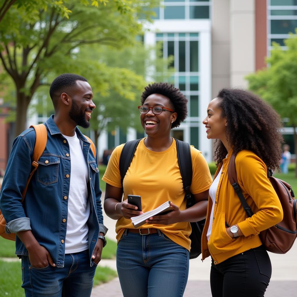 African American students engaged in conversation on a vibrant college campus