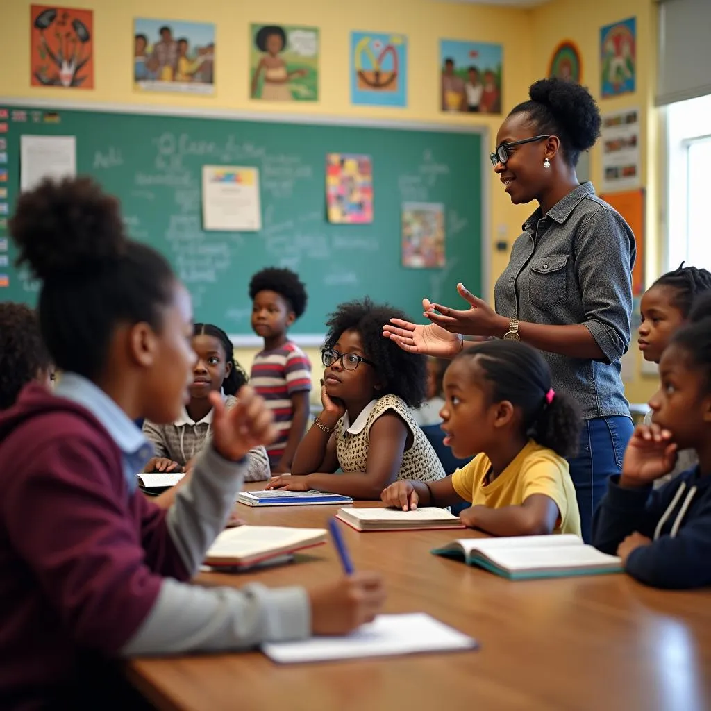 Students and teacher engaging in a lively discussion about African American history in a classroom setting.