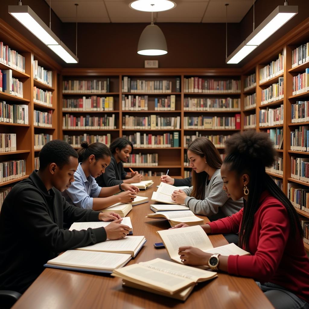 Students researching in an African American Studies library