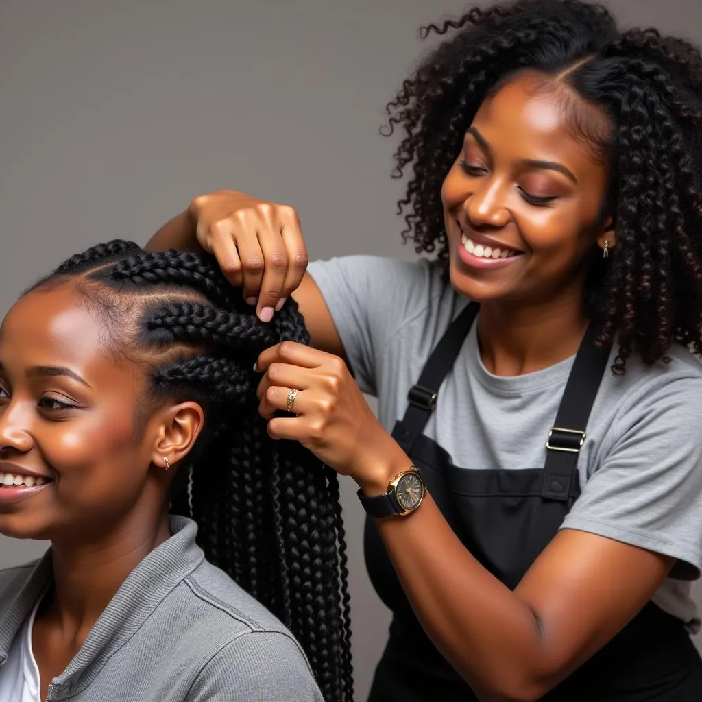 African American Stylist Braiding a Client's Hair