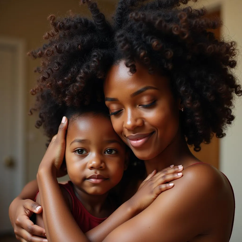 African American woman embracing a child