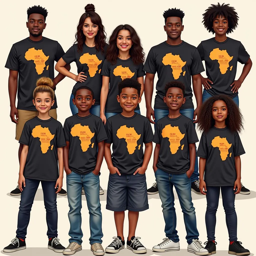 People wearing African American t-shirts in diverse settings, both casual and formal. 