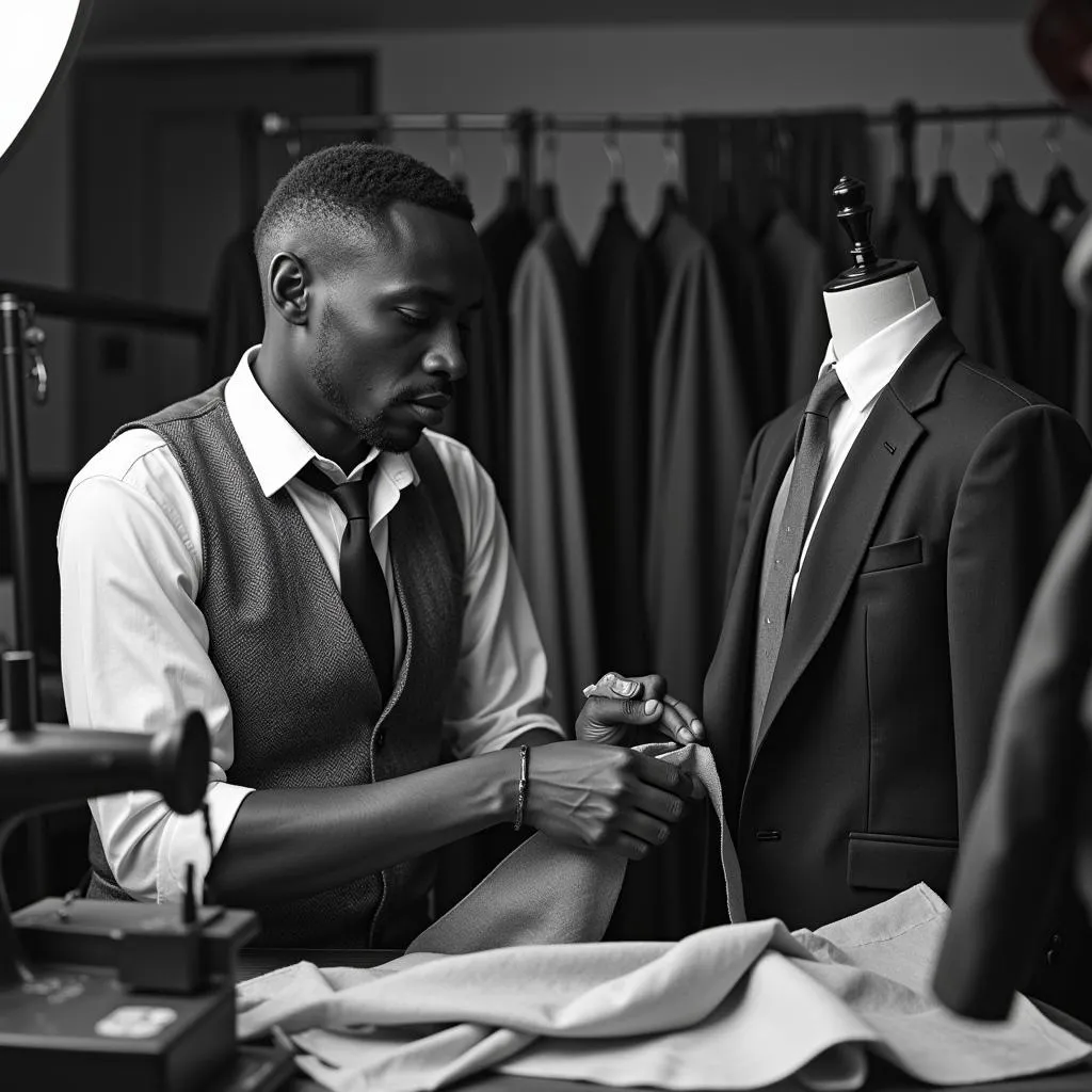 African American Tailor Measuring Fabric