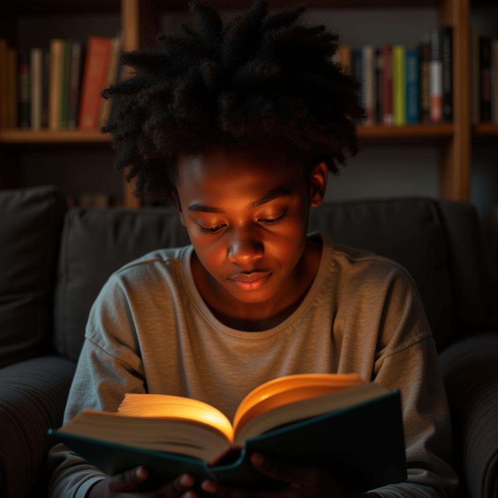 Teenager engrossed in a book