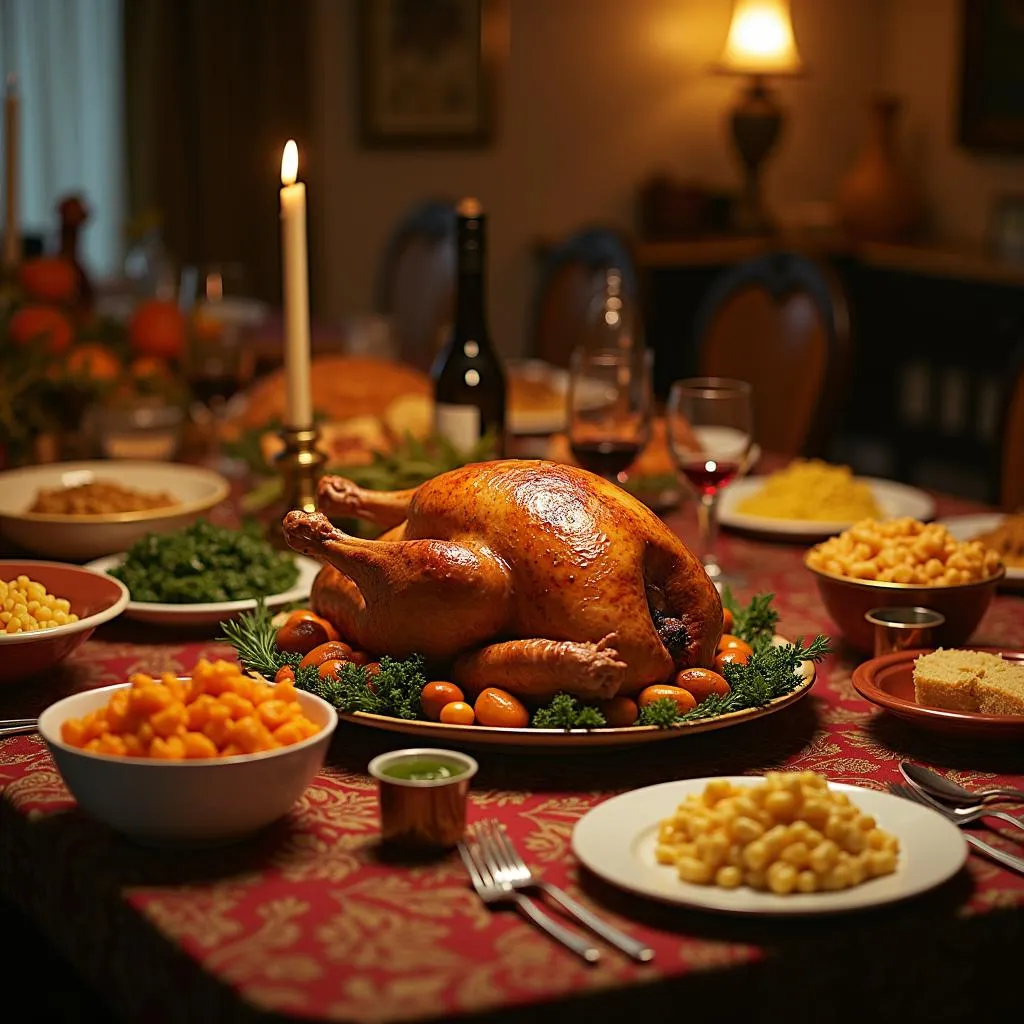 A table laden with traditional African American Thanksgiving dishes