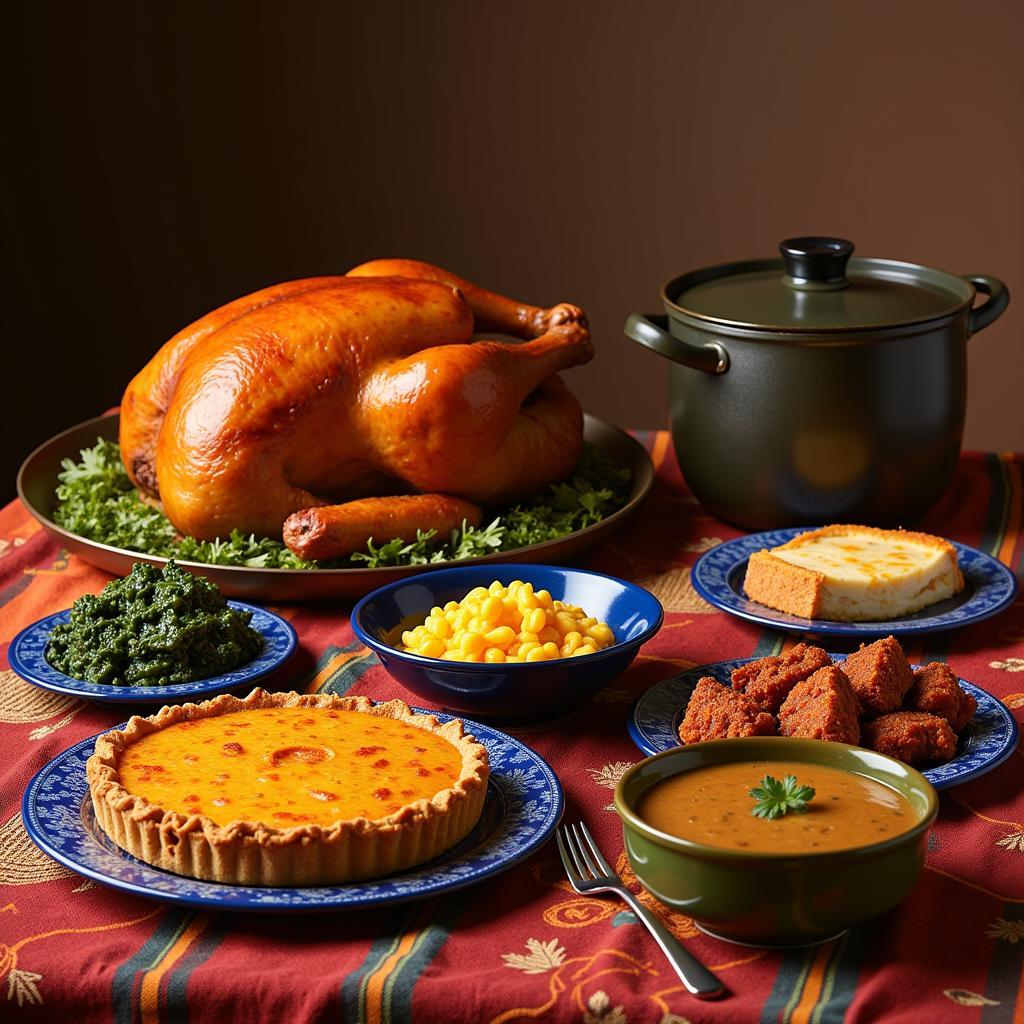 A table showcasing the diverse dishes of an African American Thanksgiving