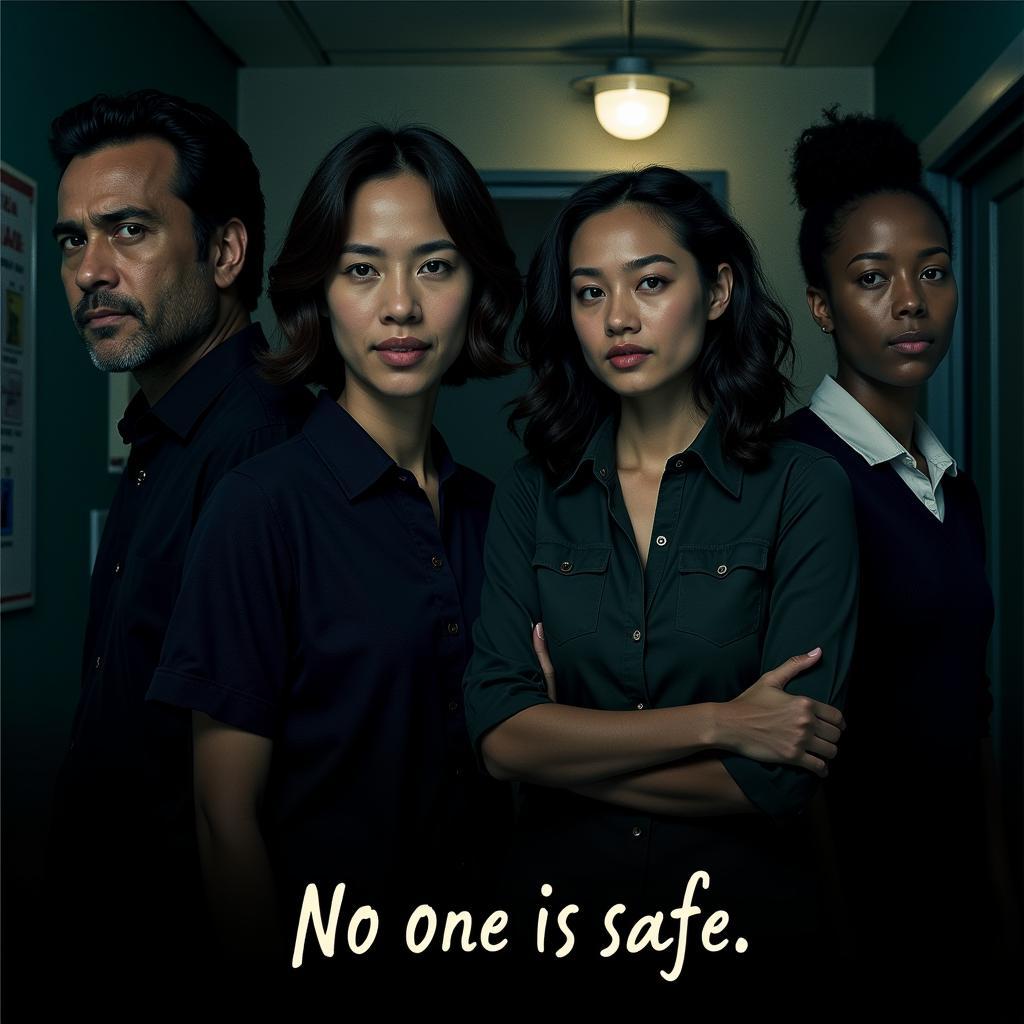 Movie poster featuring a diverse cast and a suspenseful scene