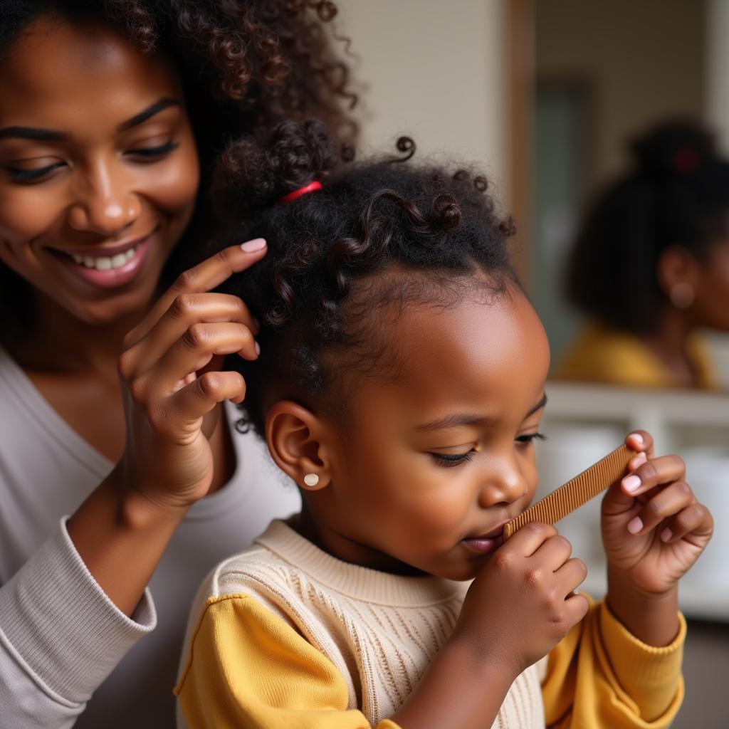 A mother gently combing her toddler's hair