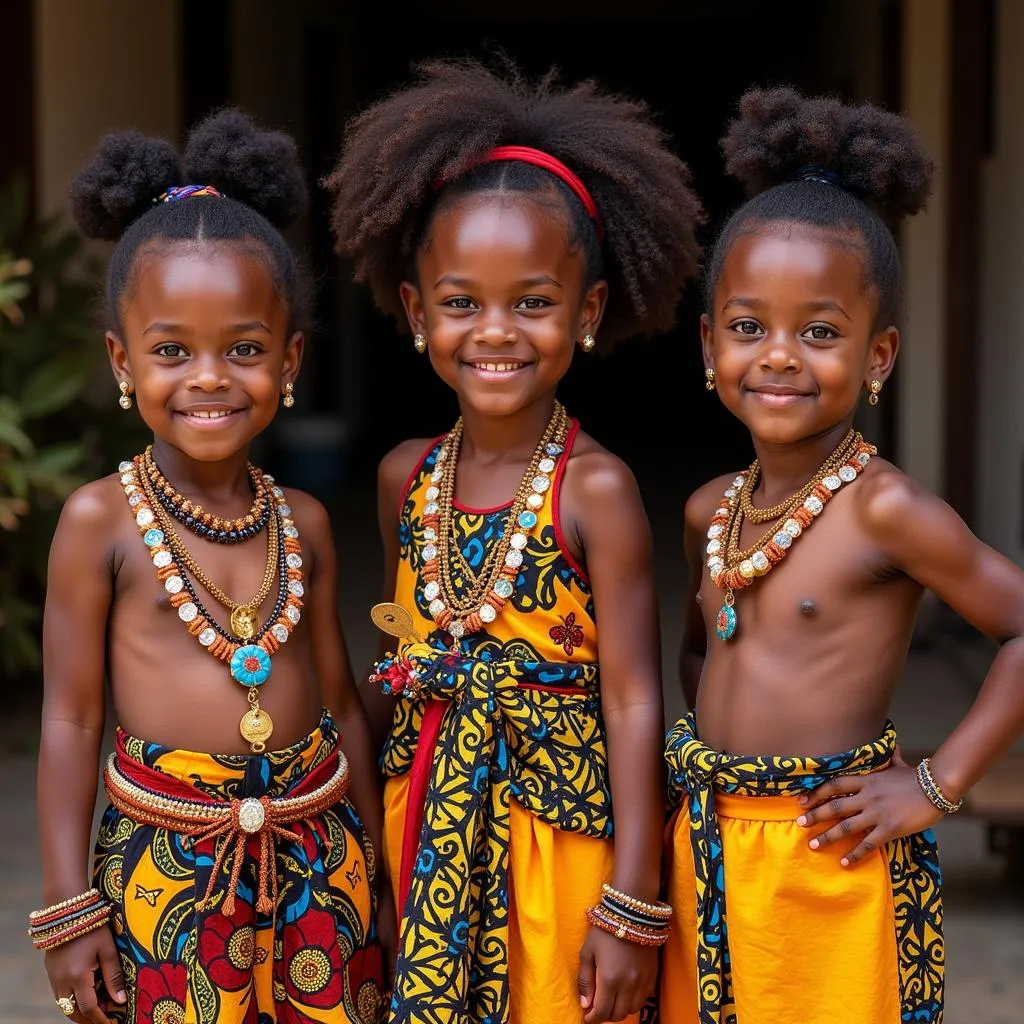 African American Triplets Wearing Traditional Clothing