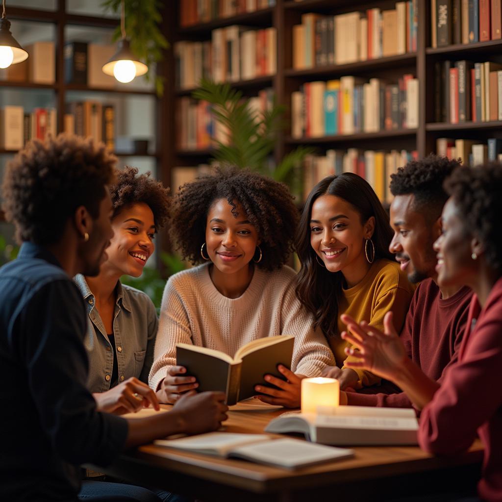 A group of people engrossed in discussing an African American urban fiction book