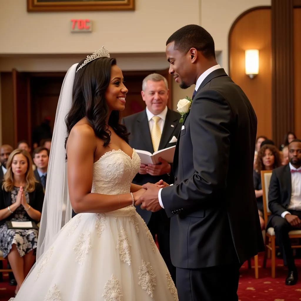 African American couple exchanging vows during a traditional wedding ceremony