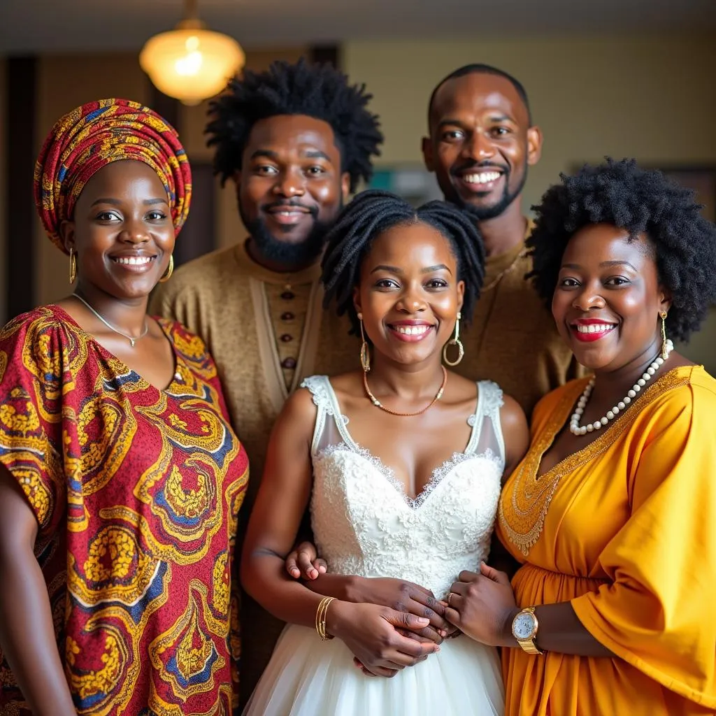 A family portrait with African American wedding guests wearing traditional attire and holding cultural artifacts